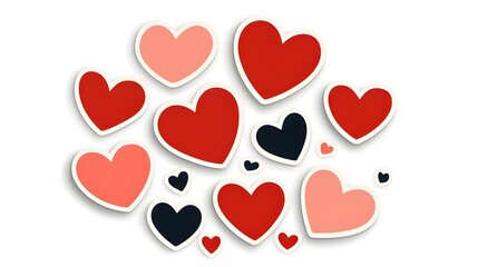 Poster - Diverse collection of red heart shaped stickers with varying sizes styles and surface finishes including glossy and matte textures perfect for romantic packaging or branding design