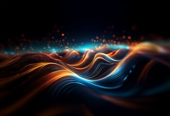 Abstract digital wave pattern with glowing blue and orange lines.