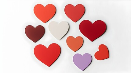 Fototapete - Curated collection of glossy and smooth red heart shaped stickers in a variety of sizes styles and designs all isolated on a clean white background