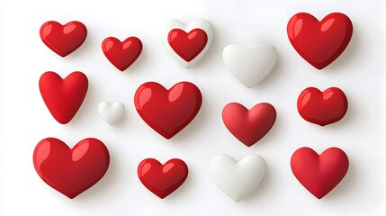 Poster - Diverse collection of various shaped and textured red heart stickers including glossy matte and metallic finishes displayed against a clean white background for a premium elegant