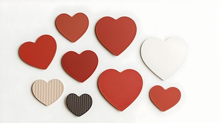 Fototapete - Diverse collection of vibrant red heart shaped stickers in various sizes textures and finishes arranged harmoniously on a clean white background