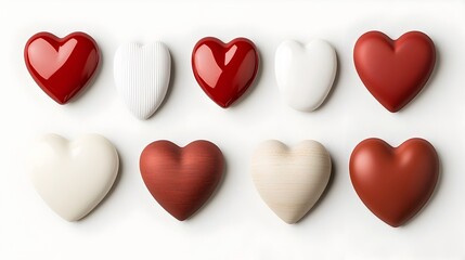 Fototapete - Variety of Vibrant Red Heart Stickers with Unique Styles Glossy Finishes and Soft Shadowing for a Modern and Elegant Decorative Look on a White Background