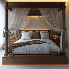 Poster - Top view 3D render of romantic bedroom showcasing a canopy fourposter bed glowing soft lighting and elegant textures open floor plan isolated on a clean white background