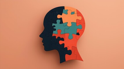 Poster - Abstract human head constructed from puzzle pieces symbolizing mental wellness self awareness and the intricacies of the human psyche