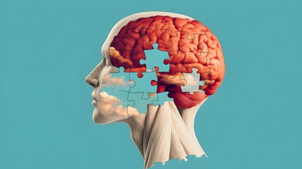 Poster - Fractured Mindscape An digital artwork depicting a human head puzzle with missing pieces symbolizing the struggles and challenges of mental health