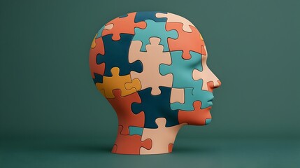 Poster - Fractured human head made of scattered puzzle pieces crafted with technology representing the balance and unity of mental well being on World Mental Health Day