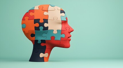 Poster - Abstract puzzle head design with interlocking pieces symbolizing the concept of mental health recovery wellness and the of the mind