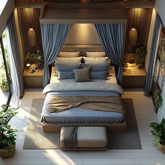 Poster - Top view 3D render of romantic bedroom showcasing a canopy fourposter bed glowing soft lighting and elegant textures open floor plan isolated on a clean white background
