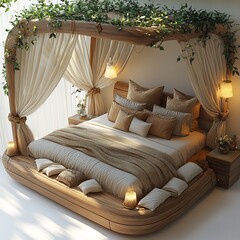 Poster - Top view 3D render of romantic bedroom showcasing a canopy fourposter bed glowing soft lighting and elegant textures open floor plan isolated on a clean white background