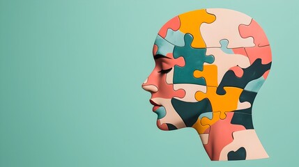 Poster - A digital artwork depicting a human head constructed from fragmented puzzle pieces highlighting themes of mental health psychology and the complex nature of the mind