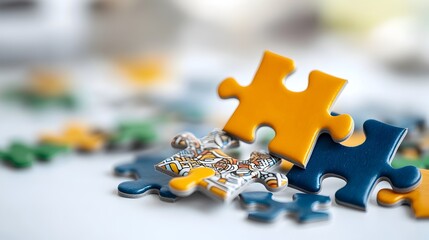 Fototapete - Vibrant and intricate puzzle pieces in a variety of colorful patterns and textures scattered across a clean white surface waiting to be assembled into a creative and captivating design