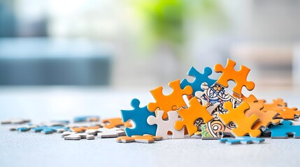 Fototapete - Vibrant intricate puzzle pieces in a variety of patterns and textures scattered across a clean white surface waiting to be assembled into a cohesive design