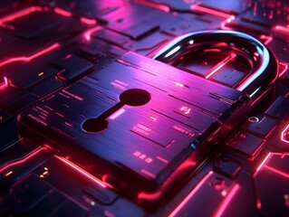 Poster - abstract digital security concept with colorful neon lights and a metallic padlock representing cybe