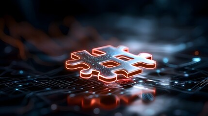 Leinwandbilder - Futuristic puzzle design featuring glowing neon pieces interlocking to form a high tech abstract image set against a dark background  The digital artwork showcases a visually striking innovative