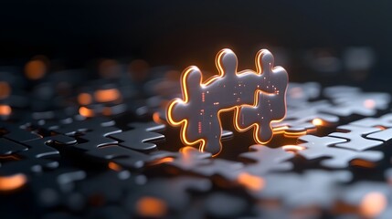 Leinwandbilder - A futuristic and visually striking puzzle design featuring glowing neon pieces that interlock to form a high tech abstract image set against a dark background  The composition showcases a modern