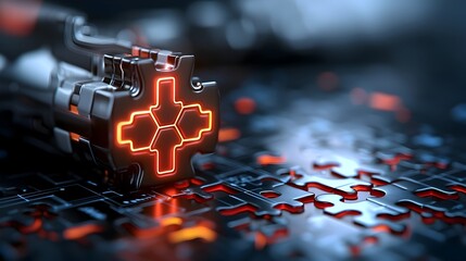 Leinwandbilder - Futuristic glowing neon puzzle pieces interlocking to create a high tech abstract composition against a dark background showcasing a dynamic and innovative digital design concept