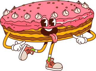 Poster - Funny groovy cake hippie dessert, sweet and candy character with pink frosting and cream dollops on top. Isolated vector pie retro personage with joyful face and sticking tongue ready for celebration