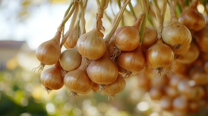 A bunch of organic onions hanging to dry, symbolizing the preparation stage in farm-to-table, ultra HD, colorful backdrop