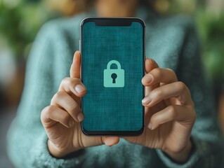 Person holds a cell phone with a lock on the screen which stands for cyber security