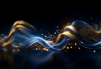 Poster - Abstract image of blue and gold flowing lines, with bokeh lights and a dark background.