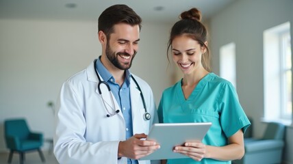 A doctor and a nurse stand in the lobby of the clinic and look at the tablet