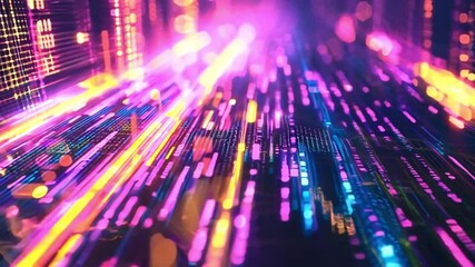 Poster - abstract neon light trails illustrating digital speed with vibrant colors in a futuristic landscape