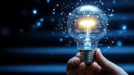 Innovative Idea, Network Connections, Glowing Lightbulb Held In Hand, Dark Blue Background