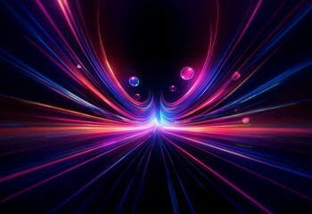 Canvas Print - Abstract design with glowing pink and blue lines converging towards the center with orbs floating in the air.