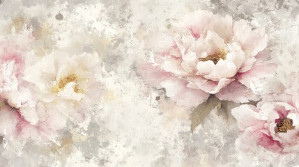 Sticker - Watercolor peonies in soft pink fade into a grunge background for a cozy wallpaper design