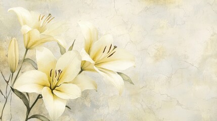 Wall Mural - Soft lilies on a textured grunge backdrop evoking minimalist wallpaper design