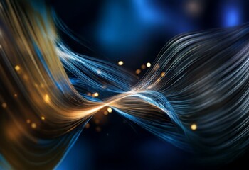 Abstract blue and gold flowing lines against a dark background with out-of-focus light.