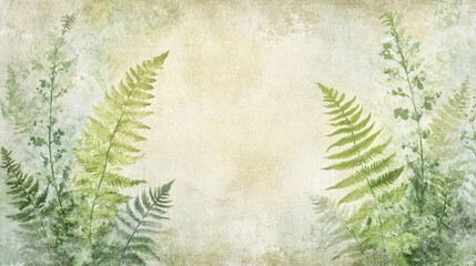 Wall Mural - Green ferns blending into a cracked grunge background for a calm wallpaper backdrop