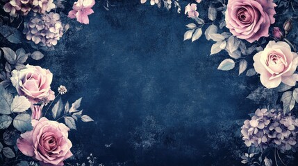 Wall Mural - Soft pastel flowers blending into a navy grunge wallpaper for a romantic backdrop