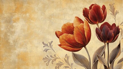 Canvas Print - Vibrant tulips in orange blending into a textured gold wallpaper background