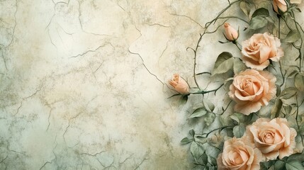 Poster - Roses and ivy vines blending into a parchment-textured background for vintage wallpaper