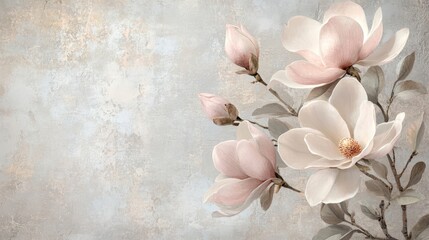 Wall Mural - Magnolias in blush pink blending into a pale gray wallpaper for a serene interior design