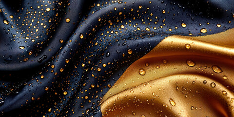 Poster - A piece of fabric with gold and blue colors and water droplets on it