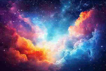 A vibrant, abstract cosmic scene with swirling clouds of pink, orange, and blue, illuminated by a bright light source in the center.