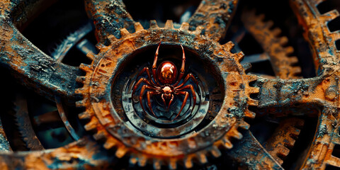 A spider is sitting on a rusty gear