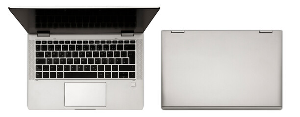 Modern light gray laptop with sleek design, on transparent background. Top view. Cut out computer, notebook with black, blank display and closed. Technology, work from home theme, office equipment..