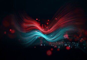 Canvas Print - Abstract digital art featuring red and blue glowing lines, a dark background, and bokeh.