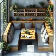 Poster - Top view 3D render of small dining space with a compact table streamlined seating arrangement and a clear floor plan on a white isolated background focusing on design practicality