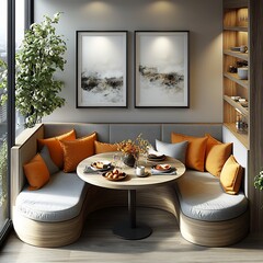 Poster - Top view 3D render of small dining space with a compact table streamlined seating arrangement and a clear floor plan on a white isolated background focusing on design practicality