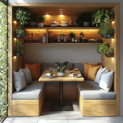 Poster - Top view 3D render of small dining space with a compact table streamlined seating arrangement and a clear floor plan on a white isolated background focusing on design practicality