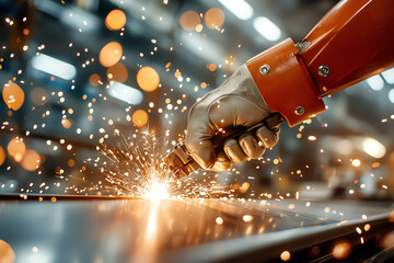 A robotic hand engaging in precision welding creating sparks of innovation in the manufacturing industry