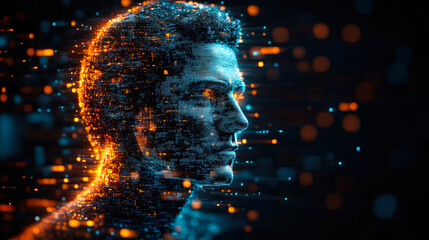 Poster - A digital silhouette of a man surrounded by floating bright orange and blue particles, representing data flow and modern technology in stark contrast against darkness.
