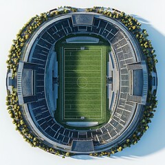 Poster - Top view 3D render of spacious outdoor sports arena with a large open field and segmented seating areas showcasing the openair design on an isolated white background