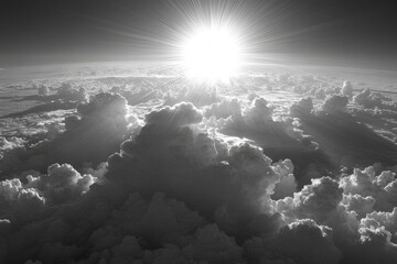 A breathtaking view of the sun shining through fluffy clouds, creating a dramatic scene of light and shadow.