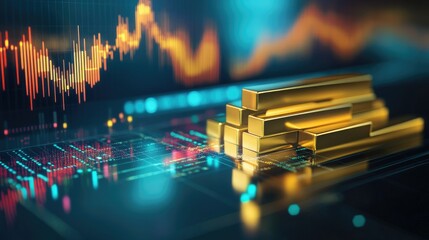 Golden bars stacked beside a rising financial stock diagram symbolizing capital growth and investment value