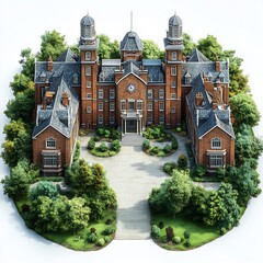 Fototapete - Top view 3D render of traditional redbrick school building with a towering clock nestled within a large green courtyard on isolated white background